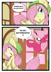 Size: 500x707 | Tagged: safe, artist:rainbowscreen, bubble berry, butterscotch, fluttershy, pinkie pie, earth pony, pegasus, pony, ask the gaylord, comic, rule 63