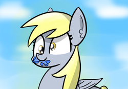 Size: 2855x1986 | Tagged: safe, artist:artiks, derpy hooves, fish, pegasus, pony, dead, female, mare, mouth hold, simple background, solo, x eyes