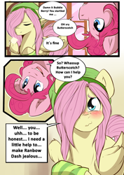 Size: 1280x1810 | Tagged: safe, artist:rainbowscreen, bubble berry, butterscotch, fluttershy, pinkie pie, earth pony, pegasus, pony, adoraberry, adorascotch, ask the gaylord, comic, cute, dialogue, duo, duo male, male, misspelling, rule 63, rule63betes, shyabetes