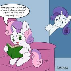 Size: 1000x1000 | Tagged: safe, artist:empyu, edit, rarity, sweetie belle, pony, unicorn, book, cutie mark, female, filly, implied impregnation, implied interspecies, implied sex, mare, meme, reading, speech bubble, sweetie belle's book, the cmc's cutie marks
