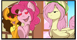 Size: 1280x672 | Tagged: safe, artist:rainbowscreen, bubble berry, butterscotch, cheese sandwich, fluttershy, grilled cheese (r63), pinkie pie, earth pony, pegasus, pony, ask the gaylord, cheesepie, female, grilledberry, heart eyes, male, rule 63, shipping, straight, wingding eyes