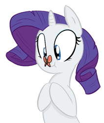 Size: 409x483 | Tagged: safe, artist:shoutingisfun, rarity, butterfly, pony, unicorn, butterfly on nose, cute, female, insect on nose, mare, raribetes, simple background, solo, white background