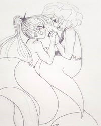 Size: 750x938 | Tagged: safe, artist:nichroniclesvsart, sci-twi, sunset shimmer, twilight sparkle, mermaid, equestria girls, blushing, cute, eyes closed, female, happy, holding hands, inktober, lesbian, lineart, looking at each other, mermaid lovers, mermaidized, scitwishimmer, shimmerbetes, shipping, species swap, sunsetsparkle, traditional art, twiabetes, underwater