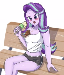 Size: 1771x2055 | Tagged: safe, artist:sumin6301, starlight glimmer, equestria girls, bad day, breasts, cleavage, clothes, dropped ice cream, eating, female, food, ice cream, shorts, solo, tanktop, that human sure does love ice cream, unlucky