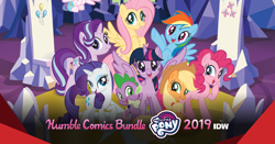 Size: 1200x630 | Tagged: safe, idw, applejack, fluttershy, pinkie pie, princess flurry heart, rainbow dash, rarity, spike, starlight glimmer, twilight sparkle, twilight sparkle (alicorn), alicorn, dragon, earth pony, pegasus, pony, unicorn, female, friendship throne, humble bundle, male, mane seven, mane six, mare, spread wings, wings