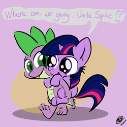 Size: 1024x1024 | Tagged: safe, artist:loreto-arts, derpibooru import, spike, twilight sparkle, dragon, age regression, carrying, cute, fangs, filly, piggyback ride, role reversal, smiling, twiabetes