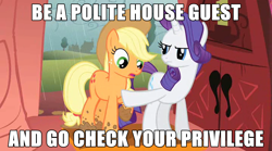 Size: 1280x711 | Tagged: safe, edit, edited screencap, screencap, applejack, rarity, earth pony, pony, unicorn, look before you sleep, check your privilege, female, image macro, mare, meme, parody, text