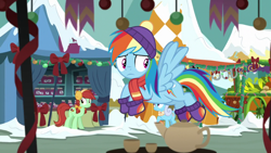 Size: 1280x720 | Tagged: safe, derpibooru import, screencap, candy apples, linky, rainbow dash, shoeshine, earth pony, pegasus, pony, best gift ever, apple family member, bow, clothes, earmuffs, female, flying, hair bow, hat, mare, market, pigtails, scarf, snow