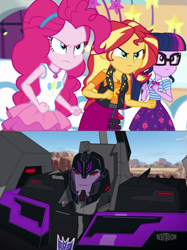 Size: 851x1136 | Tagged: safe, edit, screencap, pinkie pie, sci-twi, sunset shimmer, twilight sparkle, better together, equestria girls, rollercoaster of friendship, clash of hasbro's titans, crossover, decepticon, motormaster, stunticons, transformers, transformers robots in disguise (2015)