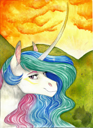 Size: 1400x1926 | Tagged: safe, artist:biakela, princess celestia, alicorn, pony, bust, cloud, curved horn, ear fluff, portrait, smiling, solo, sunrise, traditional art