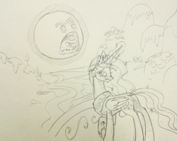 Size: 599x478 | Tagged: safe, artist:sketchyjackie, princess celestia, alicorn, pony, crossover, monochrome, parody, pencil drawing, raising the sun, rick and morty, screaming sun, sketch, sun, the wedding squanchers, traditional art, wince