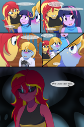 Size: 1280x1920 | Tagged: safe, artist:jase1505, artist:verumtee, sci-twi, smarty pants, sunset satan, sunset shimmer, twilight sparkle, oc, oc:stargazer lily, comic:confessions, series:sunlight horizons, equestria girls, comic, female, glowing eyes, half-siblings, lesbian, offspring, parent:night light, parent:pear butter, parents:pearlight, scitwishimmer, shipping, smoke, speech bubble, sunsetsparkle, wings