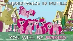 Size: 720x404 | Tagged: safe, derpibooru import, edit, applejack, fluttershy, pinkie pie, rainbow dash, rarity, twilight sparkle, earth pony, pegasus, pony, unicorn, join the herd, mane 6 recolors, pink, pink text, resistance is futile