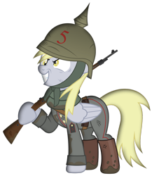 Size: 1024x1179 | Tagged: safe, artist:brony-works, derpy hooves, pony, belt, boots, clothes, dirty, epaulettes, german, gun, military, military uniform, mud, pickelhaube, rifle, scarf, shoes, simple background, solo, transparent background, uniform, vector, weapon, world war i