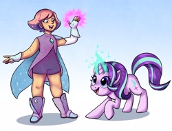 Size: 4096x3114 | Tagged: safe, artist:ohjeetorig, starlight glimmer, human, pony, unicorn, boots, cape, clothes, commission, crossover, dress, female, glimmer (she-ra), glowing hands, glowing horn, horn, magic, name pun, namesake, official fan art, she-ra, she-ra and the princesses of power, shoes, simple background, telekinesis