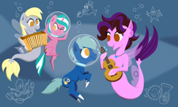 Size: 800x480 | Tagged: safe, artist:tim-kangaroo, derpy hooves, oc, pony, seapony (g4), accordion, amy keating rogers, bronycon, bubble, bubble helmet, bubble on head, musical instrument, seaponified, species swap, ukulele, underwater