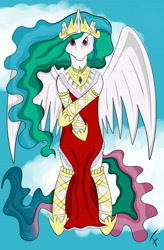 Size: 3808x5808 | Tagged: safe, artist:frolda, princess celestia, alicorn, pony, clothes, dress, flying, solo, wings