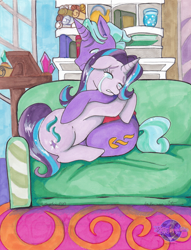 Size: 2516x3289 | Tagged: safe, artist:ksapphire8989, firelight, starlight glimmer, pony, unicorn, crying, father and child, father and daughter, female, hug, male, parent and child, starlight's office, traditional art, watercolor painting