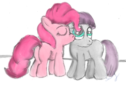 Size: 1522x1031 | Tagged: safe, artist:heromewtwo, maud pie, pinkie pie, earth pony, pony, blank flank, colored, filly, kiss on the cheek, kissing, love, platonic kiss, sisterly love, sisters