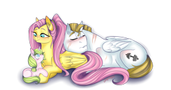 Size: 1702x900 | Tagged: safe, artist:dragonfoxgirl, bulk biceps, fluttershy, oc, oc:anthea, pegasus, pony, unicorn, adopted offspring, alternate hairstyle, butt pillow, female, flutterbulk, kilalaverse, male, oc x oc, parent:bulk biceps, parent:fluttershy, parent:oc:azalea, parent:oc:berry vine, parents:flutterbulk, parents:oc x oc, ponytail, scared, shipping, simple background, sleeping, story in the source, straight, transparent background