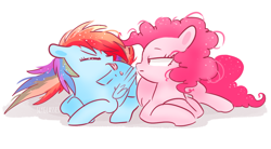 Size: 940x520 | Tagged: safe, artist:pinkablue, derpibooru import, pinkie pie, rainbow dash, earth pony, pegasus, pony, eyes closed, female, lesbian, lightly watermarked, mare, pinkiedash, prone, raspberry, shipping, signature, simple background, tongue out, watermark, white background