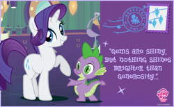 Size: 960x591 | Tagged: safe, rarity, spike, dragon, pony, unicorn, facebook, my little pony logo, official, postal