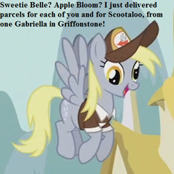 Size: 420x420 | Tagged: safe, edit, edited screencap, screencap, derpy hooves, scootaloo, crusaders of the lost mark, clothes, cropped, cute, derpabetes, hat, implied apple bloom, implied cutie mark crusaders, implied gabby, implied sweetie belle, mailpony, text, uniform