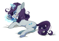 Size: 835x582 | Tagged: safe, artist:lillayfran, rarity, pony, unicorn, bow, brush, brushing, female, hairbrush, levitation, lying down, magic, mare, messy hair, simple background, solo, telekinesis, transparent background