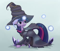 Size: 1400x1200 | Tagged: safe, artist:solar-slash, derpibooru import, twilight sparkle, unicorn twilight, pony, unicorn, clothes, crossover, crystal, cute, dark souls, female, floppy ears, frown, glare, glow, glowing horn, gray background, hat, lidded eyes, looking back, magic, mare, orb, robes, simple background, solo, torn clothes, witch, witch beatrice, witch hat