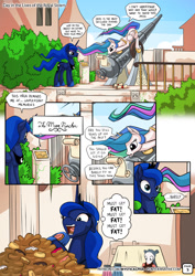 Size: 955x1351 | Tagged: safe, artist:mysticalpha, princess celestia, princess luna, tiberius, alicorn, pony, comic:day in the lives of the royal sisters, cannon, comic, crown, dialogue, donut, female, food, horseshoes, jewelry, mare, peytral, regalia, speech bubble, this will end in weight gain, to the moon, trollestia