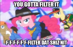 Size: 540x346 | Tagged: safe, edit, screencap, doctor whooves, goldengrape, pinkie pie, red delicious, sir colton vines iii, earth pony, pony, apple family member, filters, good advice, rapper pie, semi-vulgar, truth, vulgar