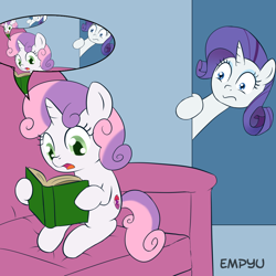 Size: 1000x1000 | Tagged: safe, artist:empyu, edit, rarity, sweetie belle, pony, unicorn, book, cutie mark, droste effect, inception, reading, recursion, speech bubble, sweetie belle's book, the cmc's cutie marks