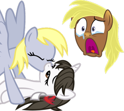 Size: 528x476 | Tagged: safe, artist:lucefudu, derpy hooves, raven, pegasus, pony, unicorn, .svg available, crying, derpaven, female, kissing, lesbian, shipping, shipping denied, simple background, spread wings, svg, transparent background, vector, wingboner, wings