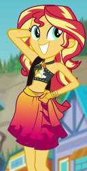 Size: 500x976 | Tagged: safe, screencap, sunset shimmer, better together, equestria girls, forgotten friendship, adorasexy, arm behind head, bare shoulders, beach, belly button, bikini, bikini top, bracelet, clothes, cropped, cute, cutie mark on clothes, female, geode of empathy, hand on hip, jewelry, midriff, pose, sarong, selfie, sexy, shimmerbetes, shoulder bag, skirt, smiling, solo, standing, stomach, sultry pose, sunset selfie, swimsuit