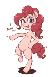 Size: 3496x4961 | Tagged: safe, artist:nazonazopowerfu, pinkie pie, earth pony, pony, bipedal, blushing, dancing, female, looking at you, mare, open mouth, pixiv, simple background, solo, white background