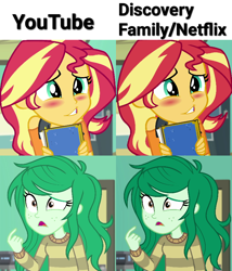 Size: 720x843 | Tagged: safe, sunset shimmer, wallflower blush, better together, equestria girls, forgotten friendship, blushing, book, color error, comparison, discovery family, netflix, youtube