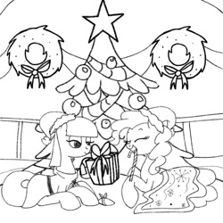 Size: 1024x1024 | Tagged: safe, artist:bratzoid, maud pie, pinkie pie, earth pony, pony, candy cane, christmas tree, hat, hearth's warming eve, monochrome, mouth hold, newbie artist training grounds, santa hat, tree