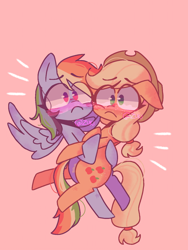 Size: 1080x1440 | Tagged: safe, artist:zuki, derpibooru import, applejack, rainbow dash, earth pony, pegasus, pony, appledash, clothes, cute, female, freckles, hat, hug, lesbian, looking at you, mare, red background, shipping, simple background