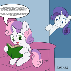 Size: 1000x1000 | Tagged: safe, artist:empyu, edit, rarity, sweetie belle, pony, unicorn, bee movie, bee movie script, book, cutie mark, dialogue, exploitable meme, meme, reading, sweetie belle's book, the cmc's cutie marks