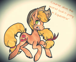 Size: 1280x1038 | Tagged: safe, artist:wirelesspony, applejack, earth pony, pony, asklyingapplejack, liarjack, lying, solo, traditional art