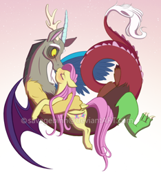 Size: 600x642 | Tagged: safe, artist:savagebinn, discord, fluttershy, draconequus, pegasus, pony, blushing, discoshy, female, interspecies, kissing, male, mare, obtrusive watermark, shipping, straight, surprised, watermark