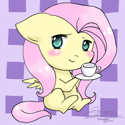 Size: 1024x1024 | Tagged: safe, artist:midnameowfries, fluttershy, pegasus, pony, chibi, cup, floppy ears, sitting, smiling, solo