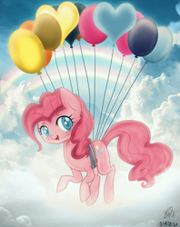 Size: 1647x2075 | Tagged: safe, artist:nao-shii, artist:vipeydashie, pinkie pie, earth pony, pony, balloon, blushing, cloud, colored pupils, cute, diapinkes, open mouth, rainbow, sky, solo, then watch her balloons lift her up to the sky