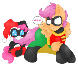 Size: 1382x1161 | Tagged: safe, artist:blackbewhite2k7, pinkie pie, scootaloo, earth pony, pony, age regression, baby, baby pony, babysitting, batman, crossover, duo, harley quinn, nom, robin