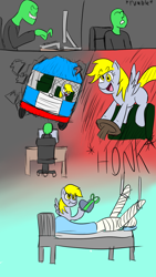 Size: 1080x1920 | Tagged: safe, derpy hooves, oc, oc:anon, human, pegasus, pony, /mlp/, bed, bus, comic, description is relevant, drawthread, female, honk, hospital bed, human male, karma, male, mare, onomatopoeia