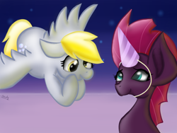 Size: 1024x768 | Tagged: safe, artist:cloudyhan24, derpy hooves, fizzlepop berrytwist, tempest shadow, pegasus, pony, unicorn, my little pony: the movie, cute, derpabetes, derpest, female, flying, hat, mare, party hat, smiling, tempest gets her horn back