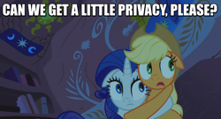 Size: 845x455 | Tagged: safe, edit, edited screencap, screencap, applejack, rarity, earth pony, pony, unicorn, look before you sleep, female, image macro, lesbian, mare, meme, rarijack, shipping, text