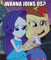 Size: 615x726 | Tagged: safe, edit, edited screencap, screencap, applejack, rarity, equestria girls, bedroom eyes, caption, female, image macro, meme