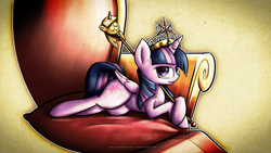 Size: 3840x2160 | Tagged: safe, artist:tenart, derpibooru import, twilight sparkle, twilight sparkle (alicorn), alicorn, pony, element of magic, female, mare, prone, solo, throne, twilight scepter