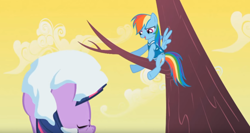 Size: 1258x669 | Tagged: safe, derpibooru import, screencap, rainbow dash, twilight sparkle, pegasus, pony, season 1, winter wrap up, eyes closed, out of context, snow, tree, tree branch, winter wrap up song, winter wrap up vest